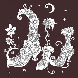A whimsical coloring page illustration of fantasy footwear designed for gnomes, elves, or fairies