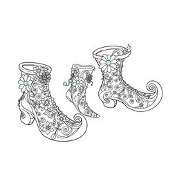 A whimsical coloring page illustration of fantasy footwear designed for gnomes, elves, or fairies