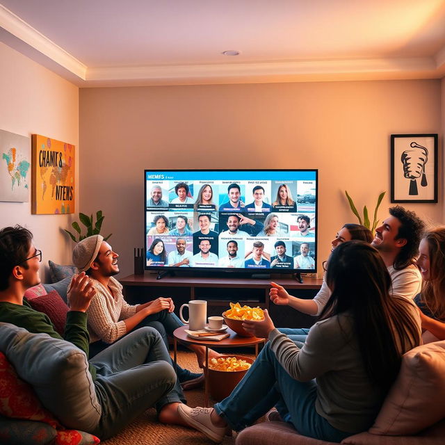 A dynamic and energetic scene where a group of friends, representing various ethnicities, is sitting in a modern living room, engrossed in watching funny meme videos on a large screen