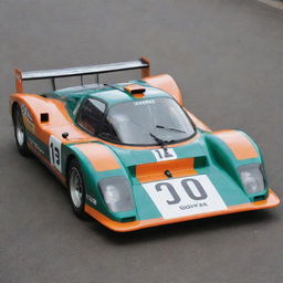 A Le Mans racing car from the 1980s, a time marked by boxy silhouettes, large rear wings, and vibrant colorful liveries. The car has a muscular yet sleek appearance with visible vents, aerodynamics in mind, and a loud, humming engine