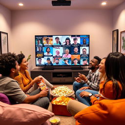 A dynamic and energetic scene where a group of friends, representing various ethnicities, is sitting in a modern living room, engrossed in watching funny meme videos on a large screen