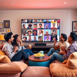 A dynamic and energetic scene where a group of friends, representing various ethnicities, is sitting in a modern living room, engrossed in watching funny meme videos on a large screen