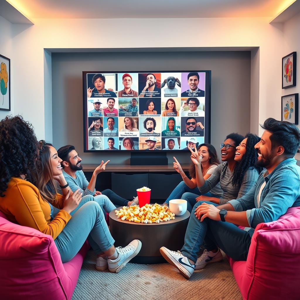 A dynamic and energetic scene where a group of friends, representing various ethnicities, is sitting in a modern living room, engrossed in watching funny meme videos on a large screen