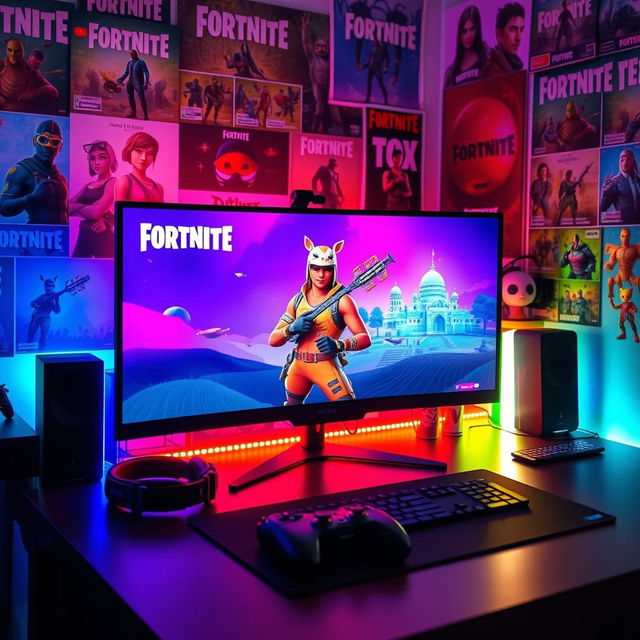 A vibrant image capturing a gaming setup featuring Fortnite gameplay on a large monitor, with the popular Peixoto skin prominently displayed on the screen