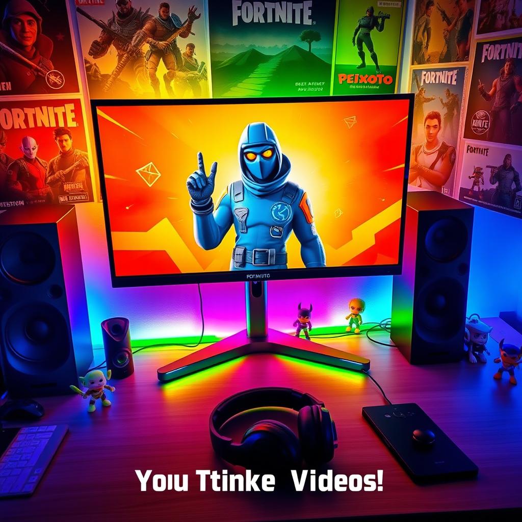 A vibrant image capturing a gaming setup featuring Fortnite gameplay on a large monitor, with the popular Peixoto skin prominently displayed on the screen