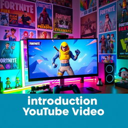 A vibrant image capturing a gaming setup featuring Fortnite gameplay on a large monitor, with the popular Peixoto skin prominently displayed on the screen