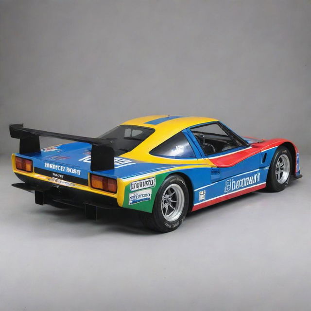 A Le Mans racing car from the 1980s, a time marked by boxy silhouettes, large rear wings, and vibrant colorful liveries. The car has a muscular yet sleek appearance with visible vents, aerodynamics in mind, and a loud, humming engine