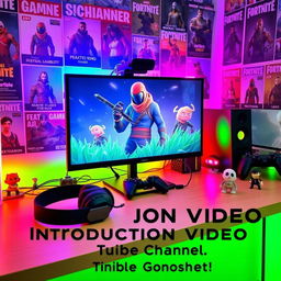 A vibrant image capturing a gaming setup featuring Fortnite gameplay on a large monitor, with the popular Peixoto skin prominently displayed on the screen
