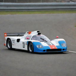 A Le Mans racing car from the 1980s, a time marked by boxy silhouettes, large rear wings, and vibrant colorful liveries. The car has a muscular yet sleek appearance with visible vents, aerodynamics in mind, and a loud, humming engine