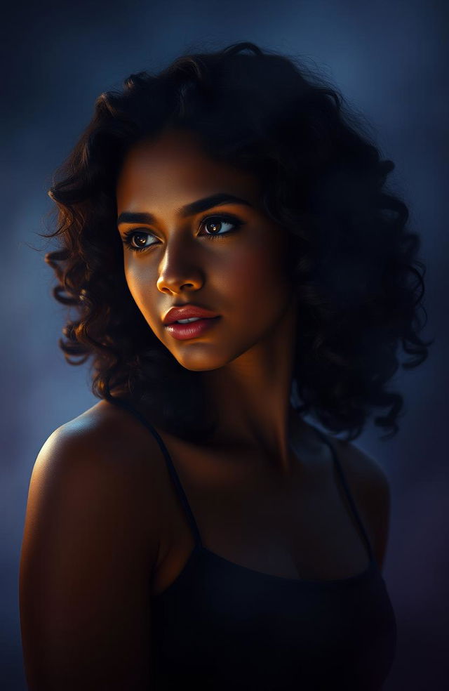 A hauntingly beautiful, hourglass-shaped young woman with brown skin and kinky curls, depicted in a misty portrait