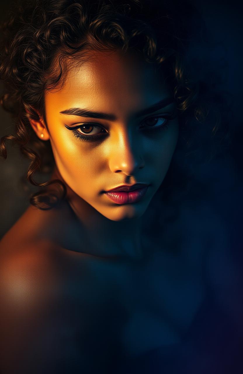 A hauntingly beautiful, hourglass-shaped young woman with brown skin and kinky curls, depicted in a misty portrait