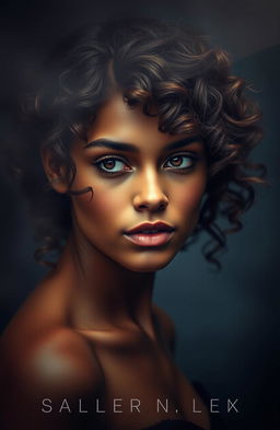A hauntingly beautiful, hourglass-shaped young woman with brown skin and kinky curls, depicted in a misty portrait