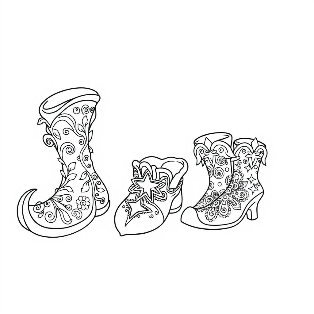 A whimsical coloring page illustration of fantasy footwear designed for gnomes, elves, or fairies