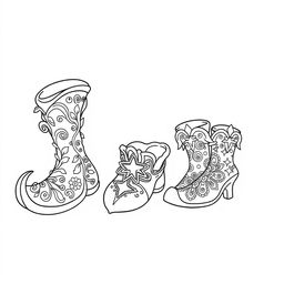 A whimsical coloring page illustration of fantasy footwear designed for gnomes, elves, or fairies