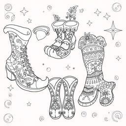 A whimsical coloring page illustration of fantasy footwear designed for gnomes, elves, or fairies
