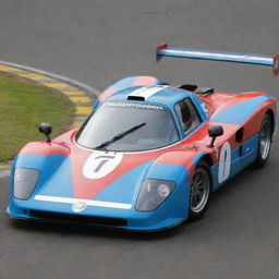 A Le Mans racing car from the 1980s, a time marked by boxy silhouettes, large rear wings, and vibrant colorful liveries. The car has a muscular yet sleek appearance with visible vents, aerodynamics in mind, and a loud, humming engine