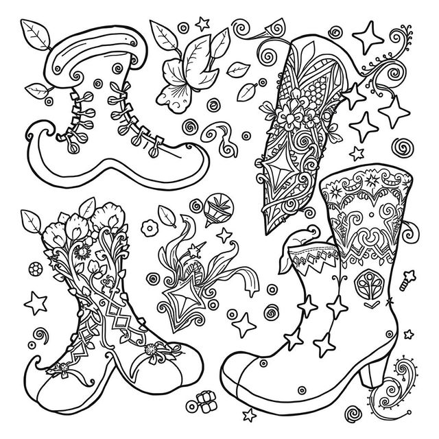 A whimsical coloring page illustration of fantasy footwear designed for gnomes, elves, or fairies