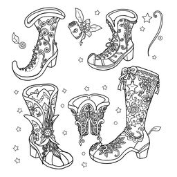 A whimsical coloring page illustration of fantasy footwear designed for gnomes, elves, or fairies
