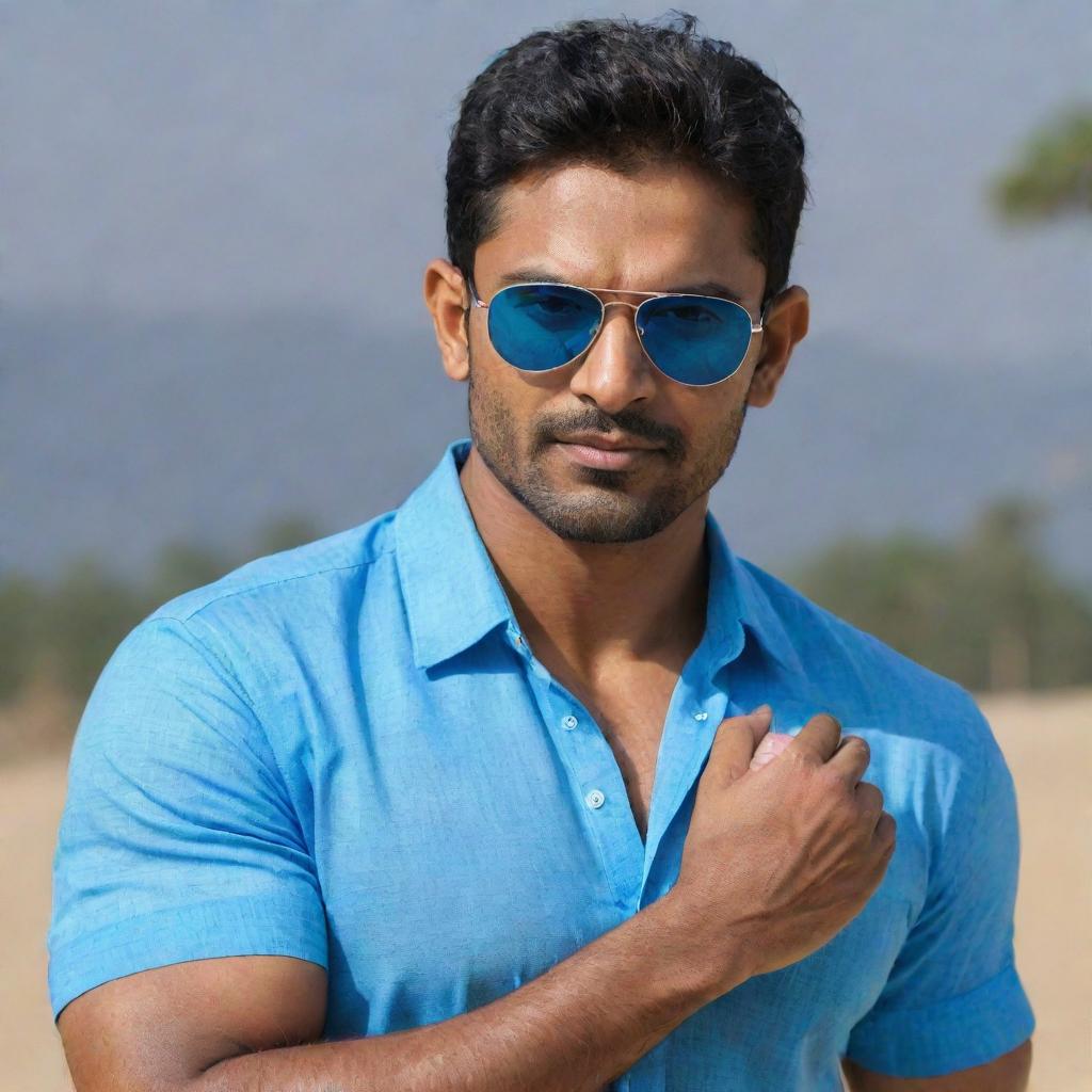 The fair-skinned, muscular Indian man with handsome features, wearing a blue shirt and cool sunglasses.