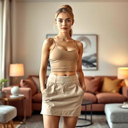 A fit 20-year-old white woman with soft facial features, showcasing a youthful appearance, free from any large jawline or exaggerated cheekbones, is standing elegantly in a stylish living room
