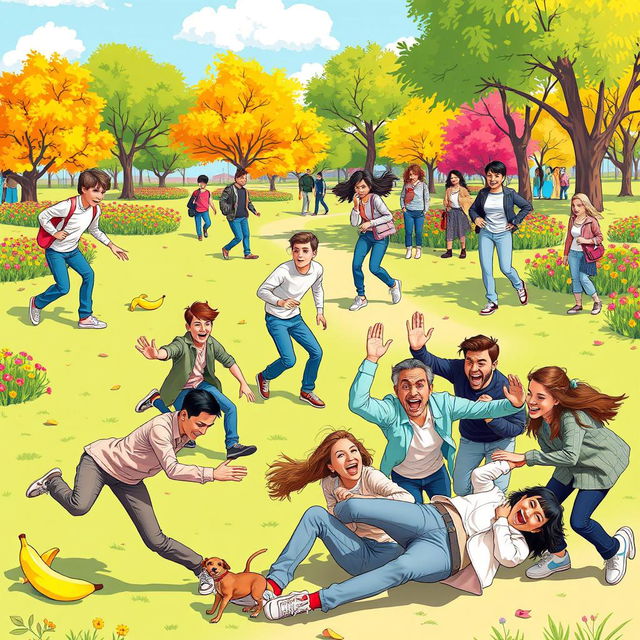 A dynamic and humorous scene depicting various funny fall moments in a colorful park setting