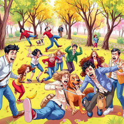 A dynamic and humorous scene depicting various funny fall moments in a colorful park setting