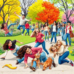 A dynamic and humorous scene depicting various funny fall moments in a colorful park setting