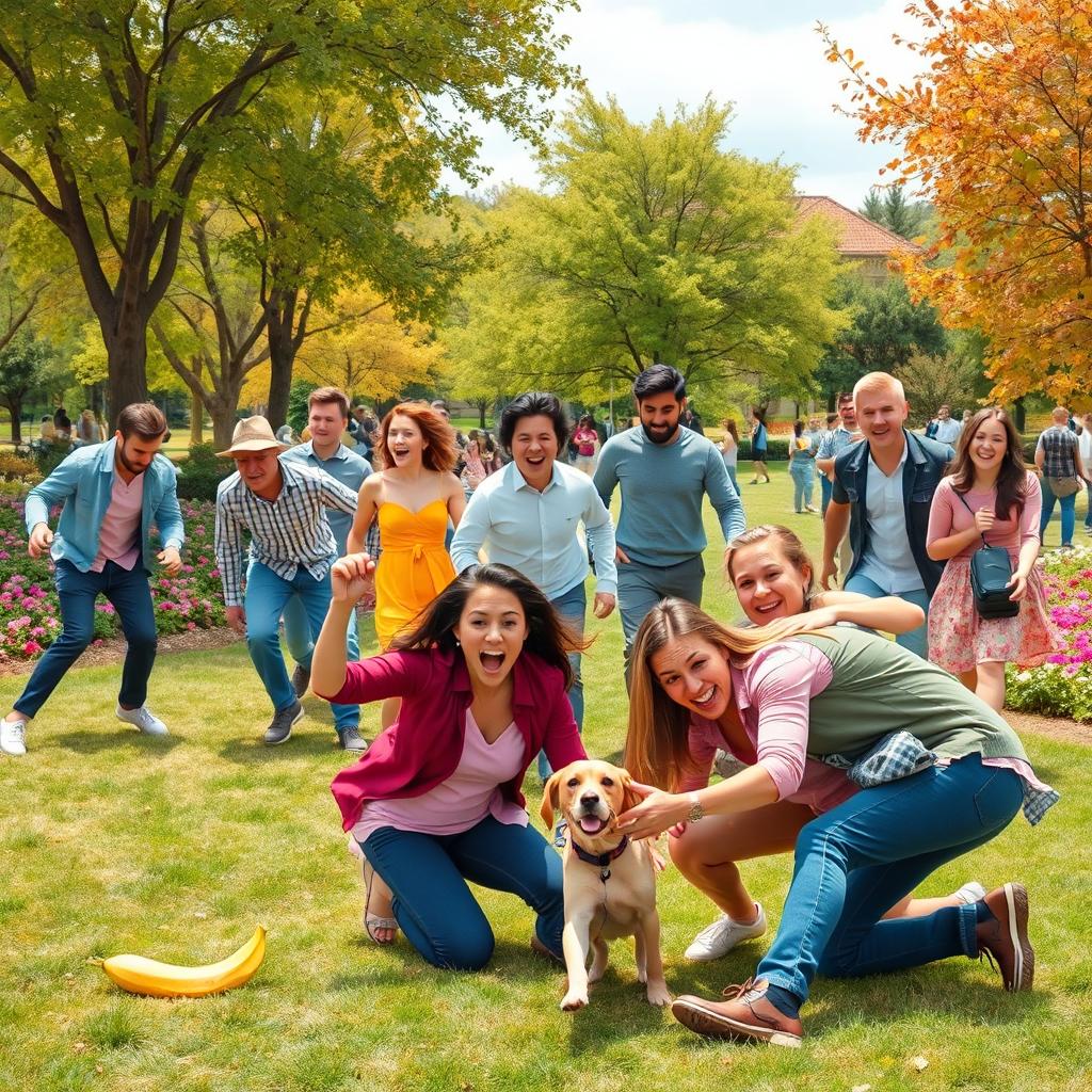 A dynamic and humorous scene depicting various funny fall moments in a colorful park setting