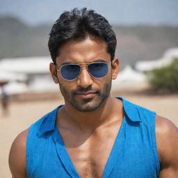 The fair-skinned, muscular Indian man with handsome features, wearing a blue shirt and cool sunglasses.