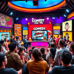 A vibrant and engaging scene depicting a lively comedy channel production set