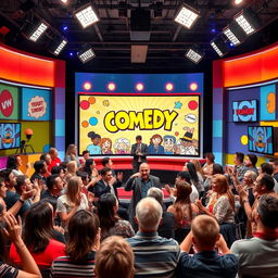 A vibrant and engaging scene depicting a lively comedy channel production set