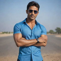 The fair-skinned, muscular Indian man with handsome features, wearing a blue shirt and cool sunglasses.