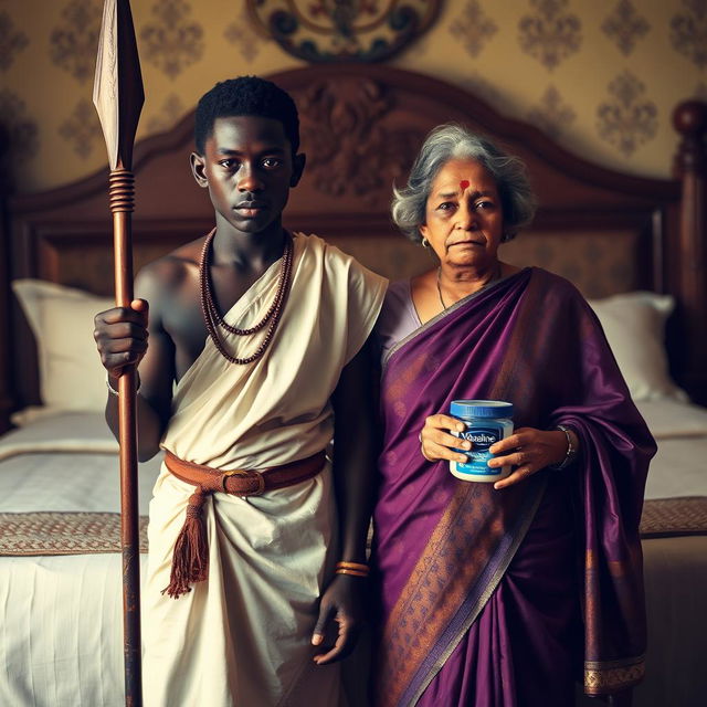 A young African male dressed in traditional attire, confidently holding a spear, stands alongside an older Indian female dressed in a beautiful saree, both positioned in front of a large bed