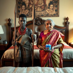 A young African male dressed in traditional attire, confidently holding a spear, stands alongside an older Indian female dressed in a beautiful saree, both positioned in front of a large bed