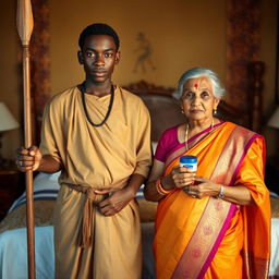 A young African male dressed in traditional attire, confidently holding a spear, stands alongside an older Indian female dressed in a beautiful saree, both positioned in front of a large bed