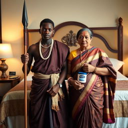 A young African male dressed in traditional attire, confidently holding a spear, stands alongside an older Indian female dressed in a beautiful saree, both positioned in front of a large bed