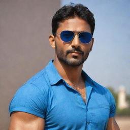 The fair-skinned, muscular Indian man with handsome features, wearing a blue shirt and cool sunglasses.