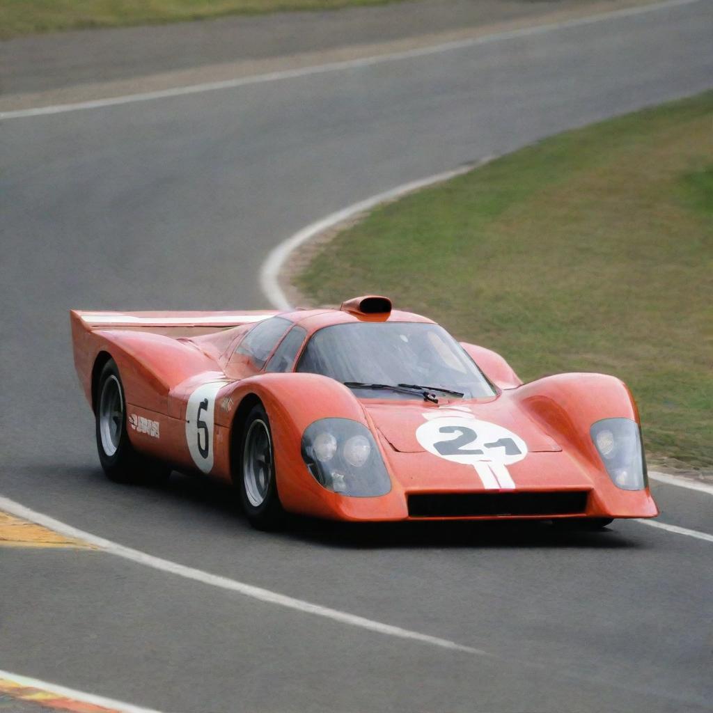 A Le Mans racing car from the 1970s, exemplifying the era's iconic style. The car boasts a long, pointed nose, a wide, angular rear wing, a streamlined shape for optimal aerodynamics, and a classic, rich colored racing livery