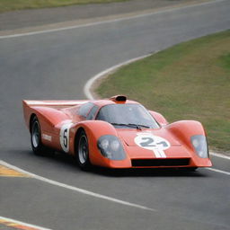 A Le Mans racing car from the 1970s, exemplifying the era's iconic style. The car boasts a long, pointed nose, a wide, angular rear wing, a streamlined shape for optimal aerodynamics, and a classic, rich colored racing livery