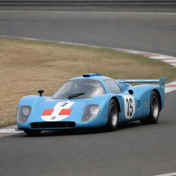 A Le Mans racing car from the 1970s, exemplifying the era's iconic style. The car boasts a long, pointed nose, a wide, angular rear wing, a streamlined shape for optimal aerodynamics, and a classic, rich colored racing livery