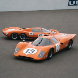 A Le Mans racing car from the 1970s, exemplifying the era's iconic style. The car boasts a long, pointed nose, a wide, angular rear wing, a streamlined shape for optimal aerodynamics, and a classic, rich colored racing livery