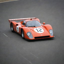 A Le Mans racing car from the 1970s, exemplifying the era's iconic style. The car boasts a long, pointed nose, a wide, angular rear wing, a streamlined shape for optimal aerodynamics, and a classic, rich colored racing livery