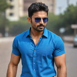 The fair-skinned, muscular Indian man with handsome features, sporting stylish hair, wearing a blue shirt and cool sunglasses.