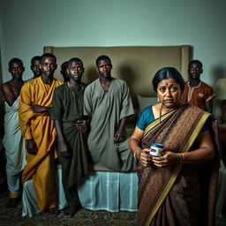 Ten young African males dressed in traditional attire stand confidently in front of a large bed, their expressions a mix of determination and intensity