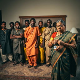 Ten young African males dressed in traditional attire stand confidently in front of a large bed, their expressions a mix of determination and intensity