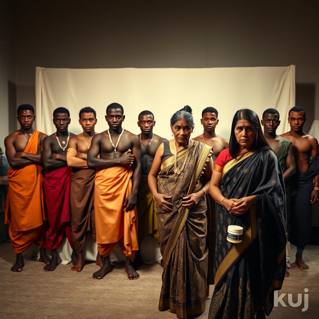 Ten young African males dressed in traditional attire stand confidently in front of a large bed, their expressions a mix of determination and intensity