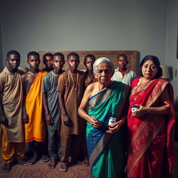 Ten young African males dressed in traditional attire stand confidently in front of a large bed, their expressions a mix of determination and intensity