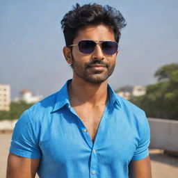 The fair-skinned, muscular Indian man with handsome features, sporting stylish hair, wearing a blue shirt and cool sunglasses.