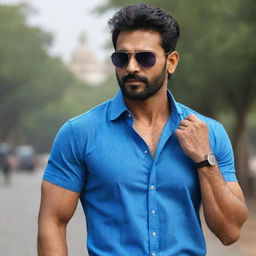 The fair-skinned, muscular Indian man with handsome features, sporting stylish hair, wearing a blue shirt and cool sunglasses.