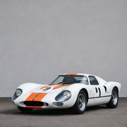 A Le Mans racing car from the 1960s, characterized by vintage elegance. The car demonstrates a cylindrical and sleek design, thin tires, distinct racing stripes over a classic shiny paint job, and the rumble of a vintage gasoline engine